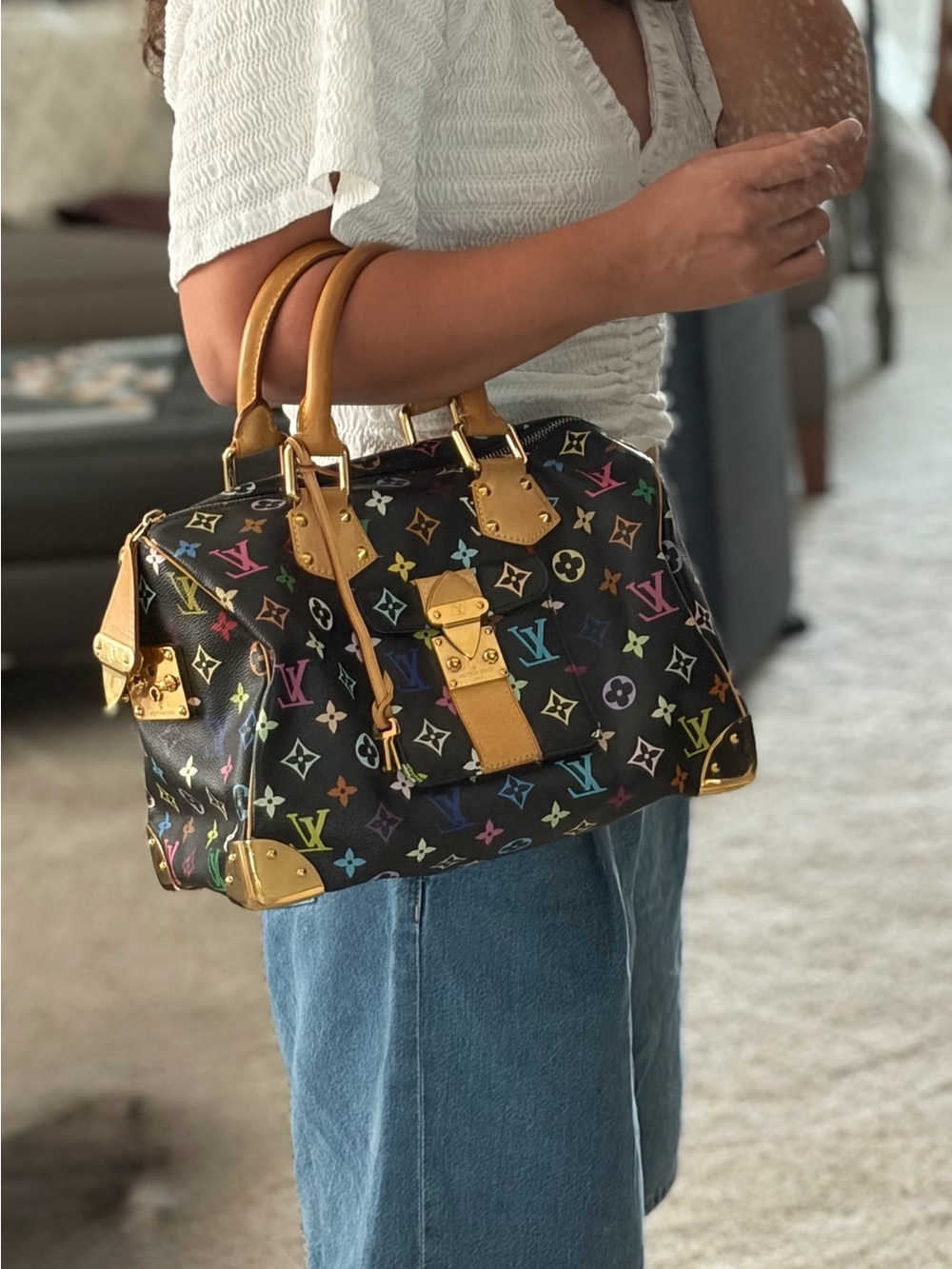 Louis Vuitton Black Multicolor Monogram Satchel -   İconic Murakami Speedy